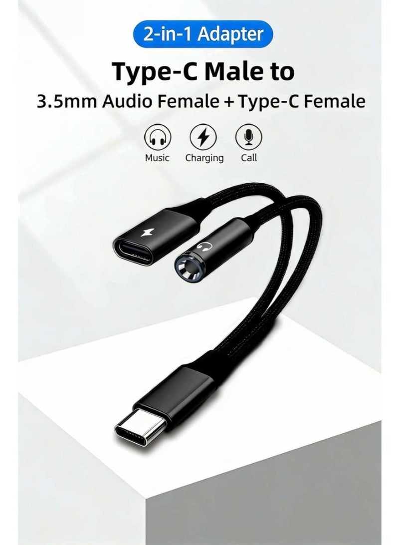 محول USB-C إلى سماعة رأس 3.5 مم ومحول شحن، منفذ شحن USB-C PD 3.0 2 في 1 إلى منفذ صوت إضافي، يدعم الشحن السريع/المكالمات، كابل متعدد الوظائف، متوافق مع Apple iPhone 15 والإصدارات الأحدث، Samsung Galaxy S21+ Ultra والإصدارات الأحدث (أسود) - Image 2